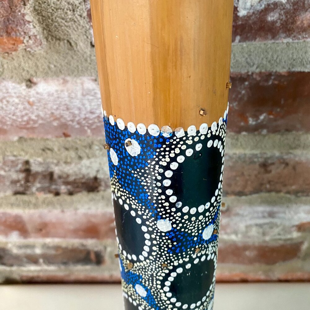 Aboriginal Rain Stick, Bamboo, 20" x 2.5", Blue/Brown/White Dot Art.